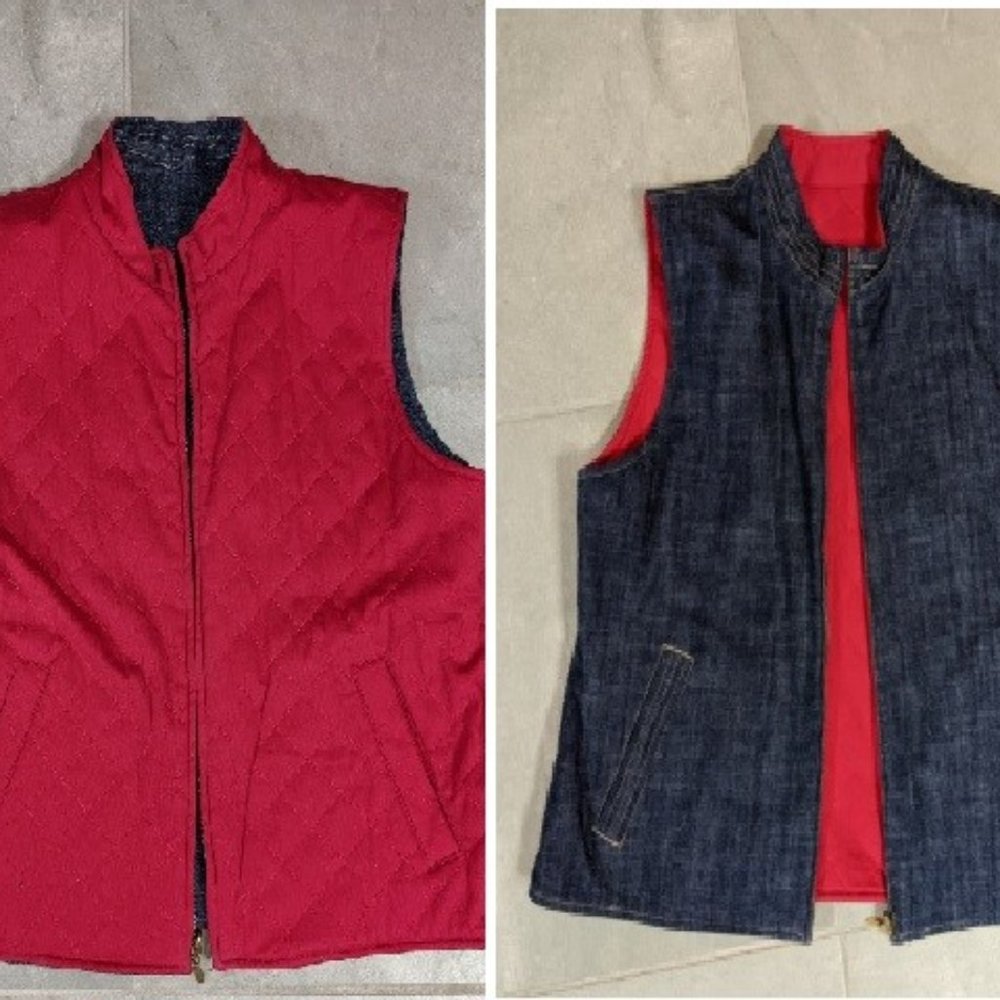 Reversible Denim and Red Quilted Vest Pockets Inside and Outside